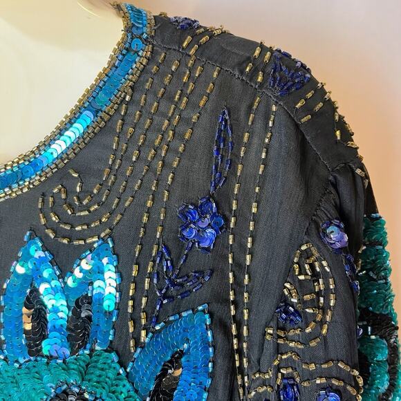 Fantasy by Lisa Kane Vintage XL Silk Beaded Top Black Blue Sequin Floral Beaded - Picture 7 of 16
